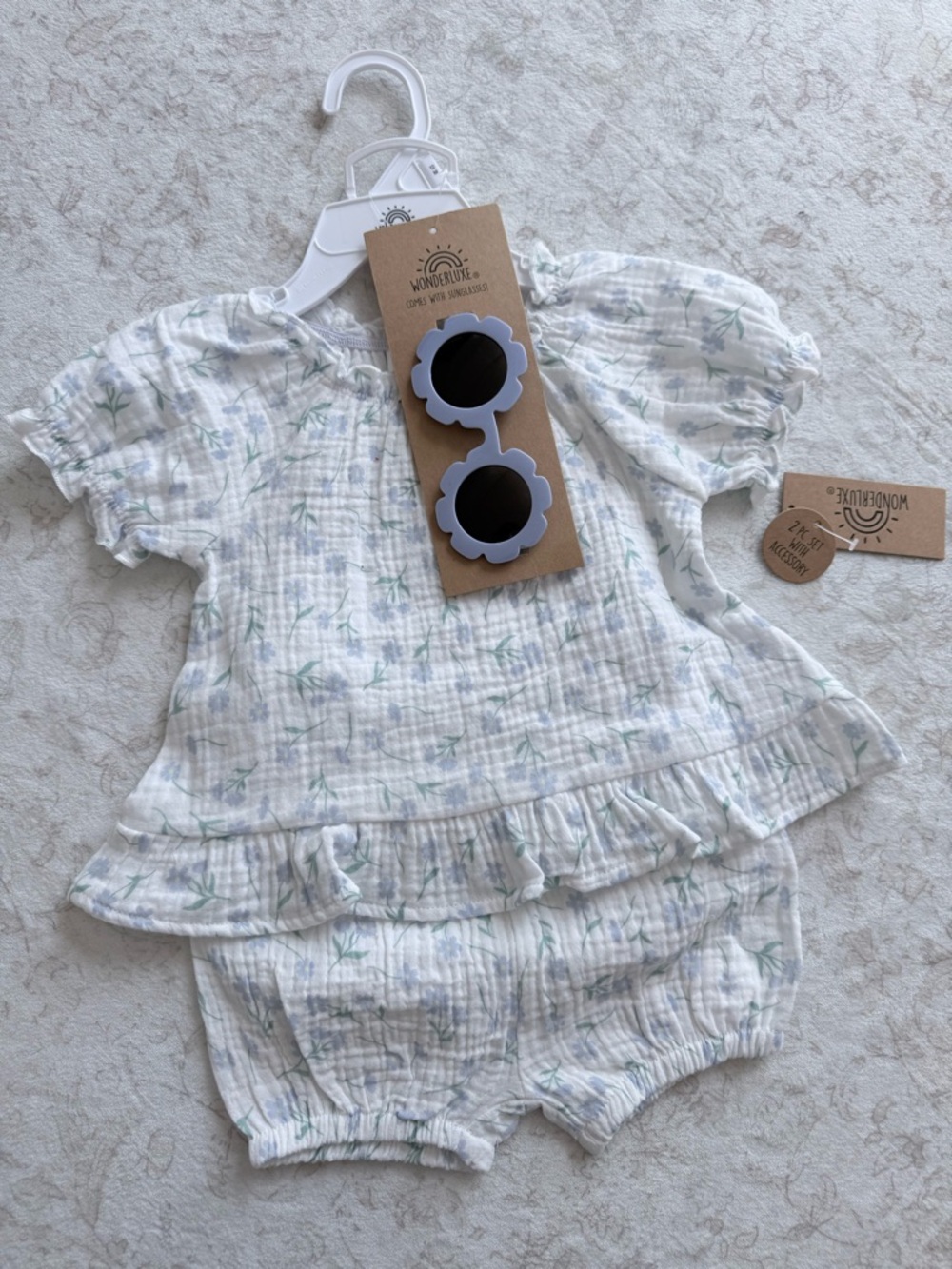Baby Girl Two-Piece Ruffle Muslin Set in White with Light Green Leaf Print